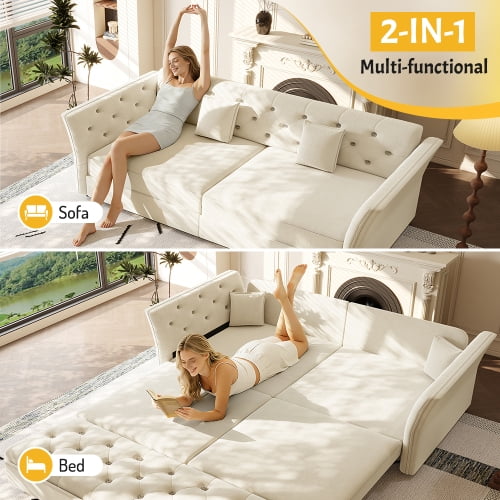 100" Oversize Velvet Pull Out Sofa Bed, Convertible Sleeper Loveseat with Handmade Flower Tufted Design, Multi-Functional Sofa Couch for Living Room & Bedroom, Beige