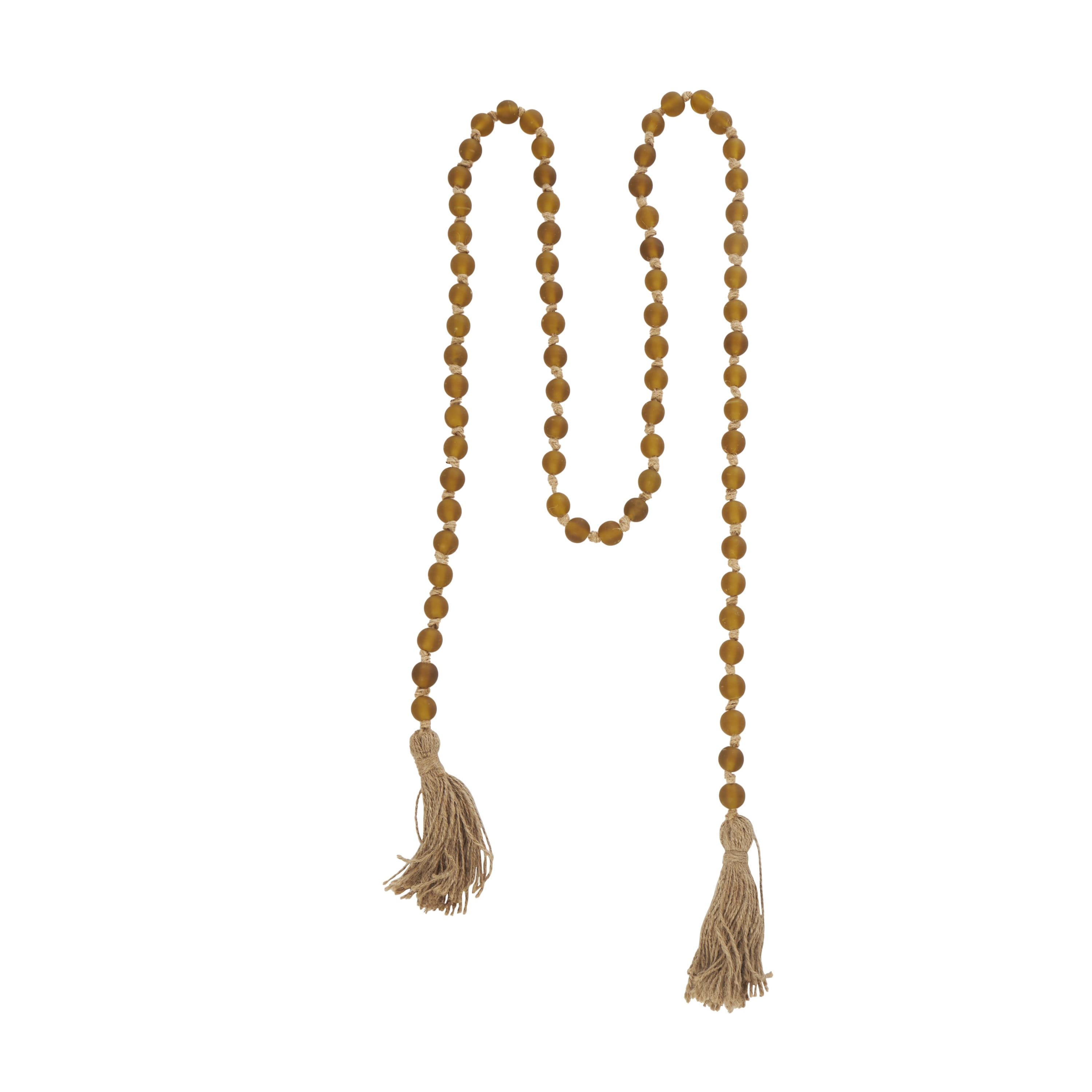 DecMode Handmade Round Long Frosted Beaded Yellow Glass Garland with Tassel with Knotted Brown Jute