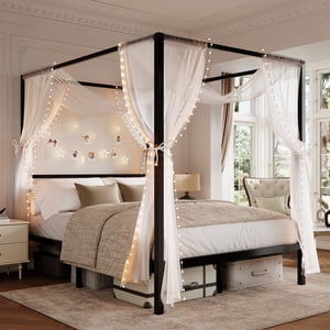 Amolife Queen Canopy Bed Frame with Storage, Black