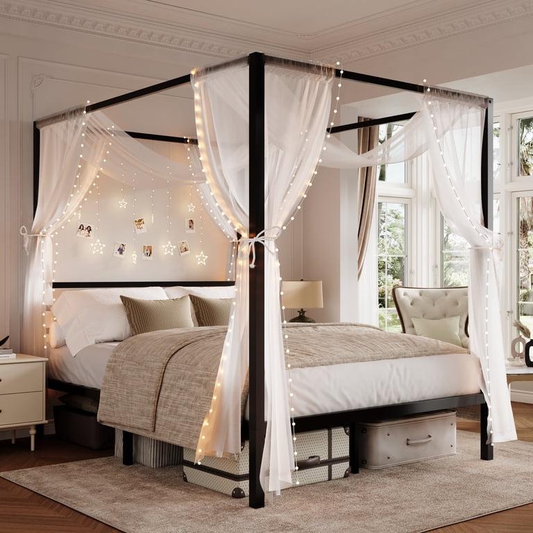 Amolife Queen Canopy Bed Frame with Storage, Black photo 1