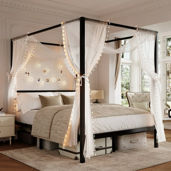 Amolife Queen Bed Frame, Canopy Bed with Metal Headboard, No Box Spring Needed, Black