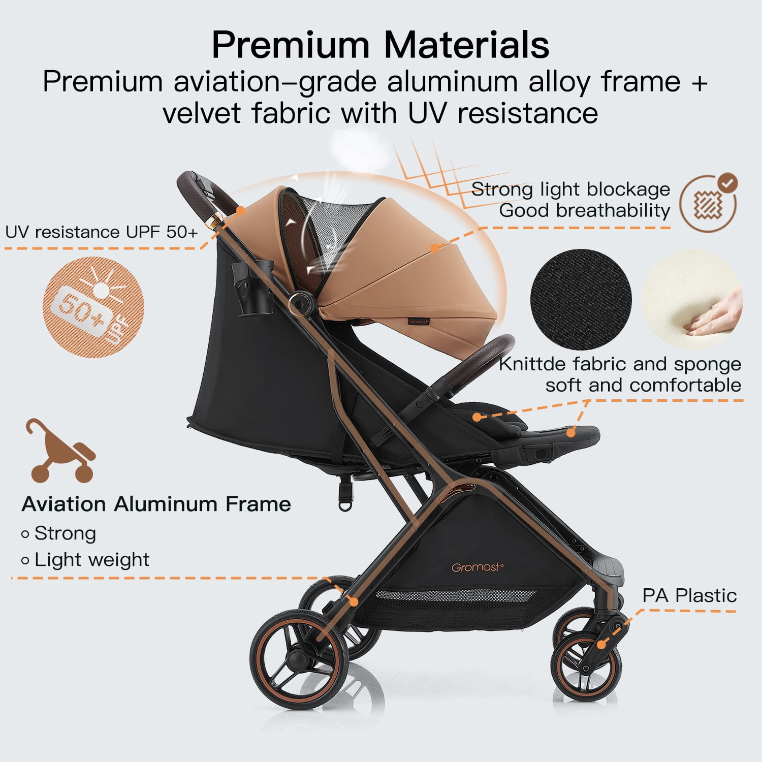 Gravity Folding Baby Stroller - Portable Toddler Stroller w/Adjustable Backrest & Canopy, Lightweight and UV Protected Travel Stroller, One-Hand Automatic Folding - Khaki