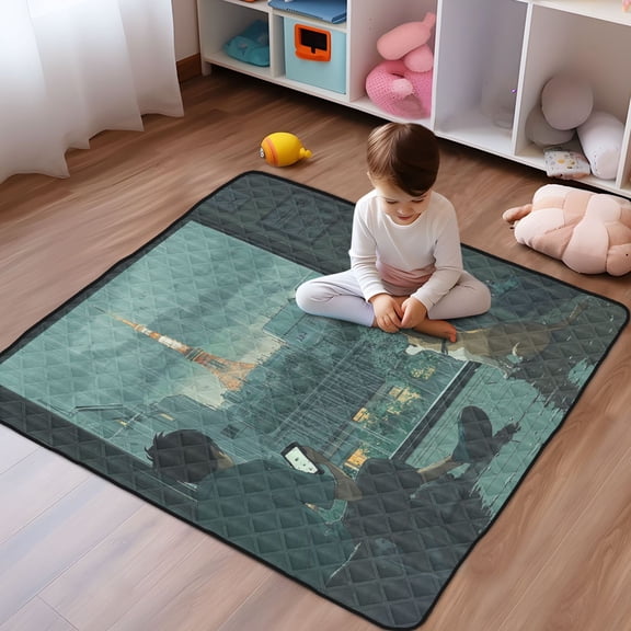 WOBOGO Rainy Scene Outside The Window Baby Playmats Extra Large Waterproof Rollable Activity Pads for Toddlers 50×50inch