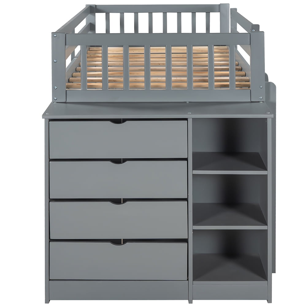 Private Jungle Twin over Twin Bunk Bed with Attached Cabinet and Shelves Storage,Gray