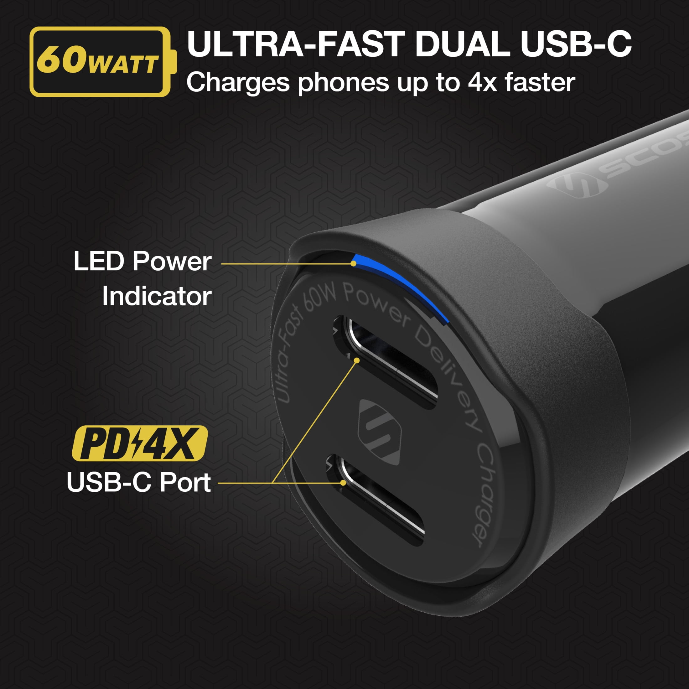 (2 pack) Scosche CPDCC60-RP PowerVolt Fast 60W Dual USB-C Car Charger Adapter w/ Certified Power Delivery 3.0