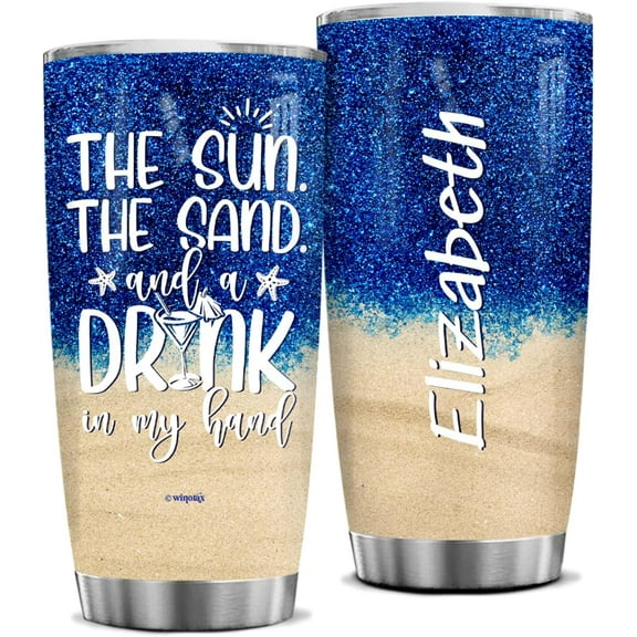 Beach Tumbler Personalized The San The Sun and a Drink In MY Hand Tumblers Travel Cup 20oz 30oz Stainless Steel Custom Gift For Women Girls Beach Trip Weekend Birthday Party Summer Vacation