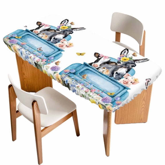 Blue Truck Cow Table Cloths for 5 Foot Rectangle Tables, Animals Spring Floral Butterfly Farmhouse Patio Waterproof Elastic Fitted Tablecloths, Washable Rectangular Table Cover for Camping