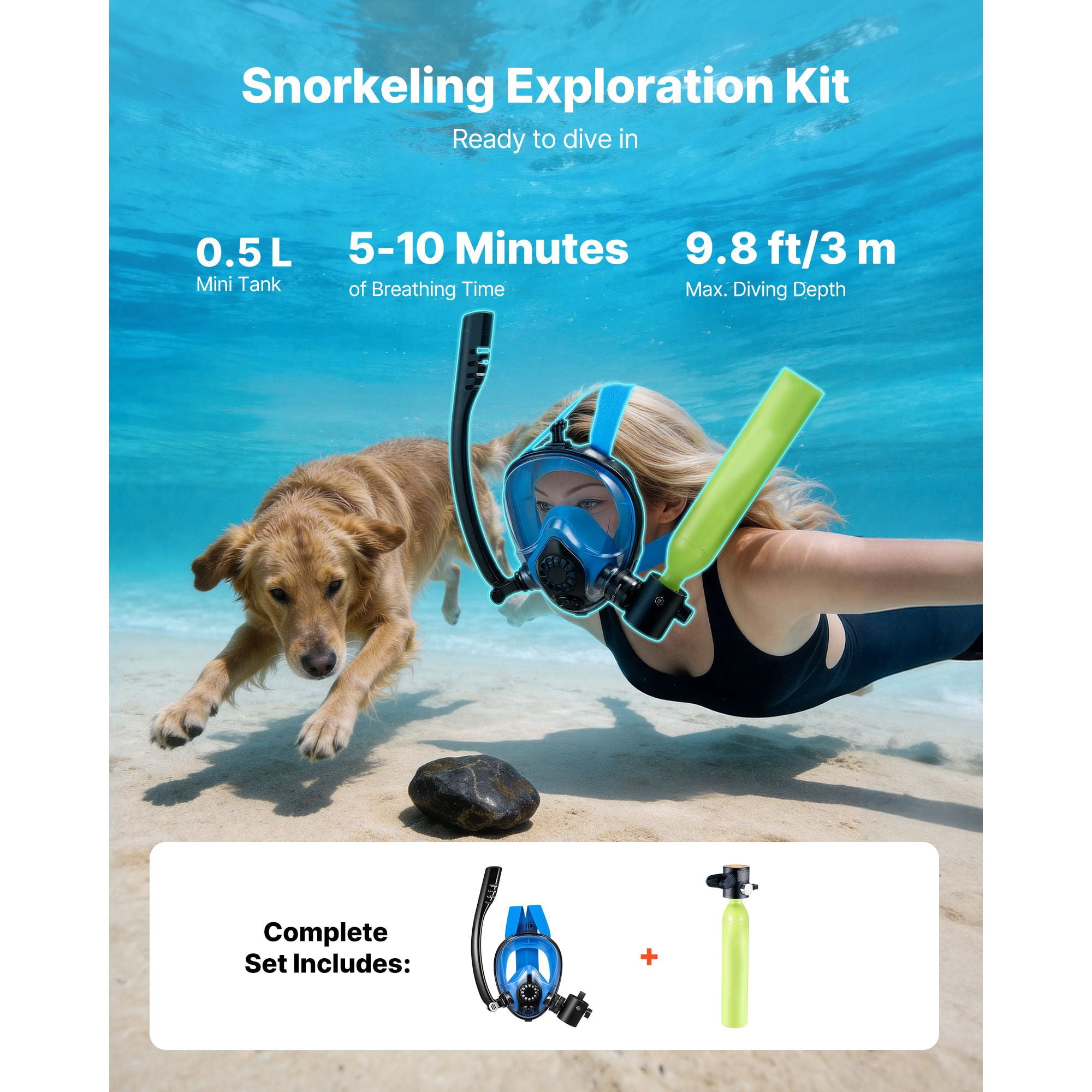 Mini Scuba Diving Tank Set, 0.5L Tank, Full-Face Mask, 5-10 Minutes Breathing Time, 180° Panoramic View, Aviation-Grade Aluminum, for Snorkeling & Shallow Water Exploration