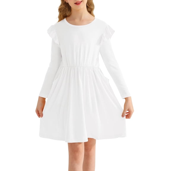 Actgleam Girls Ruffle Long Sleeve Dress Knit Cute Casual with 2 Pockets Dresses,White,5-11Years