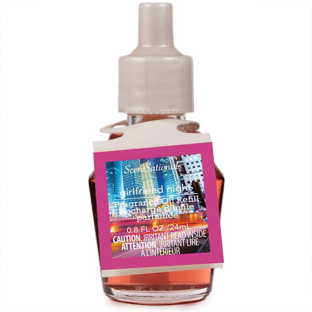 Fragrance oil refill bottle labeled ScentSationals Girlfriend Night with a city skyline background and caution warning