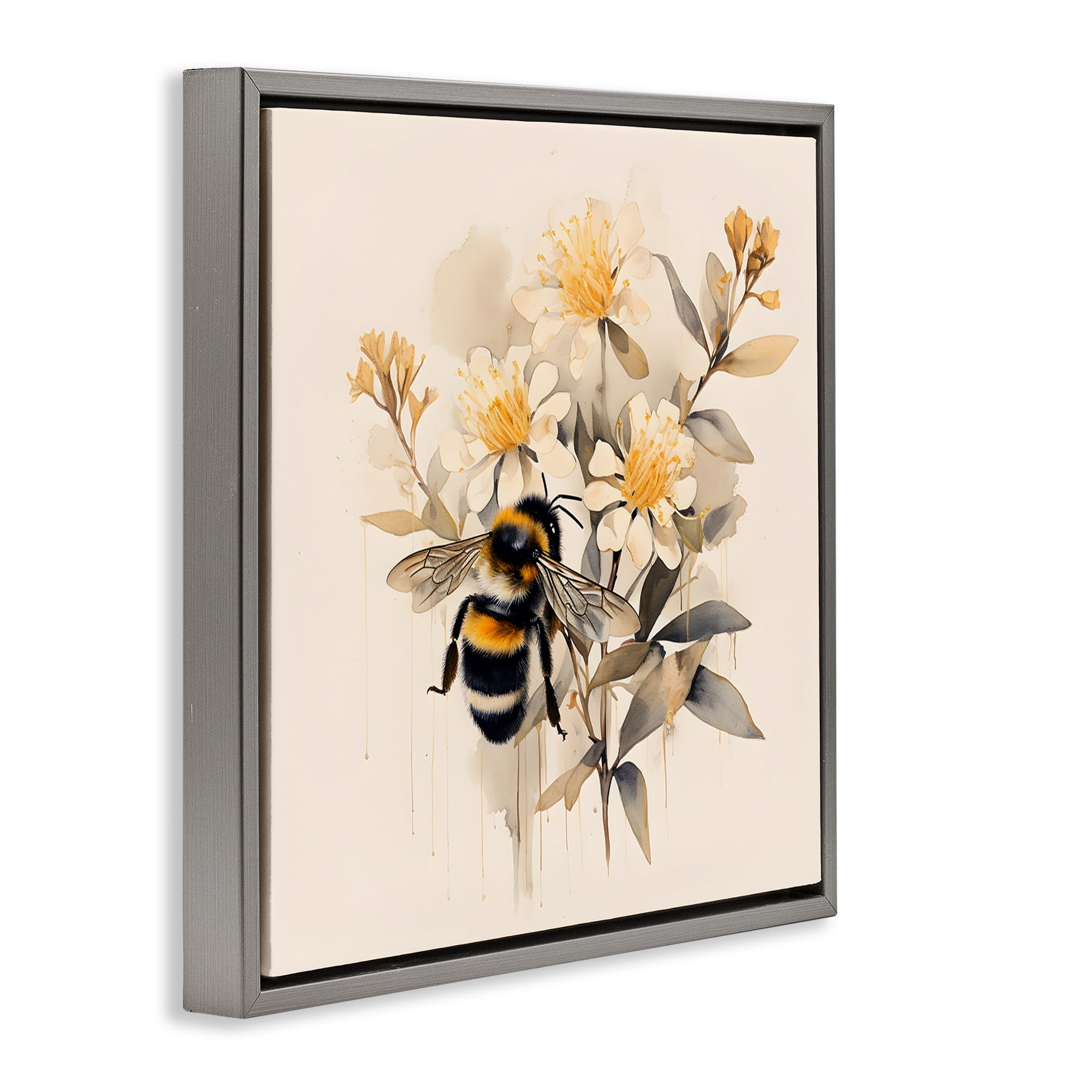 Stupell Industries Honeybee with Daisies Animals & Insects Painting Gray Floater Framed Canvas Art Print Wall Art, 25 x 25
