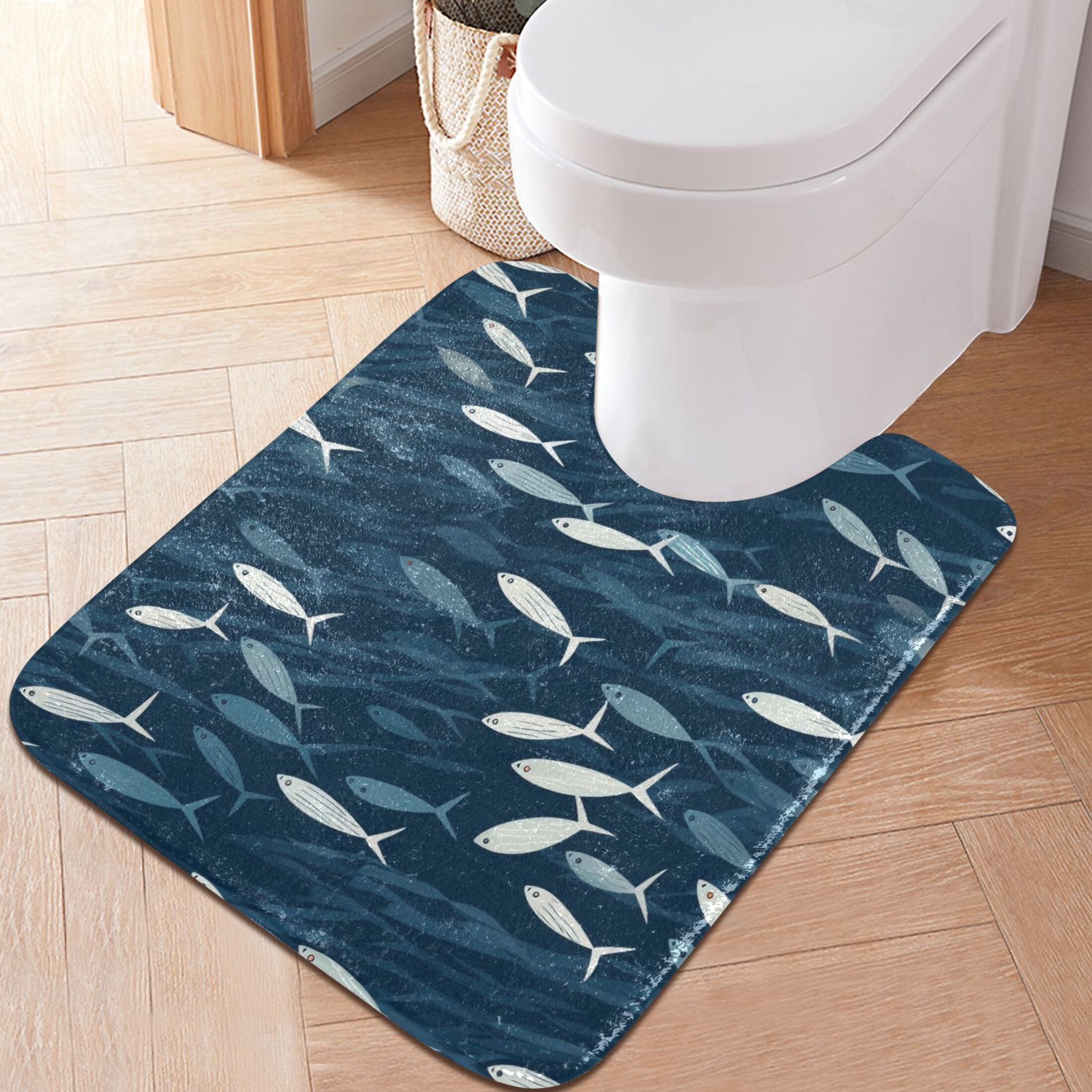 Toilet Rug Set Non-Slip Bathroom Rugs Soft Plush Machine Washable Contour Bath Mat Small Fish Swimming 24x20/24x16