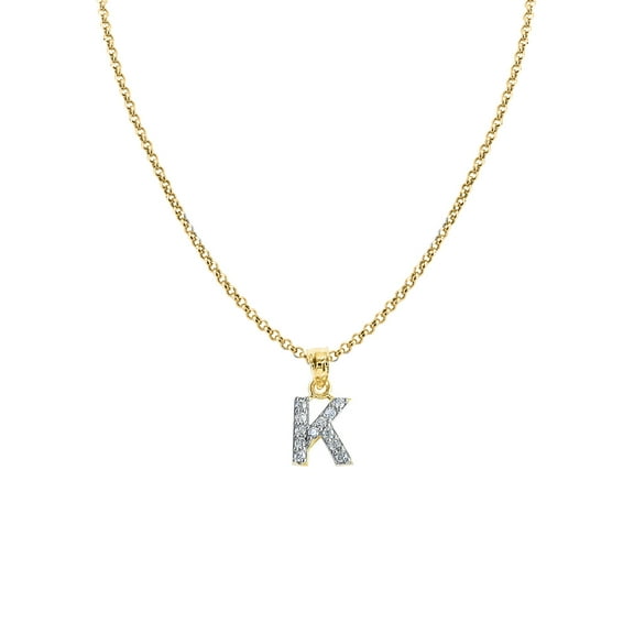 Genuine 14k Yellow Gold 0.59" Cubic Zirconia CZ Initial Letter K Pendant Necklace 16", 18", 20", 22" Trendy Charm Initial Necklaces for Women