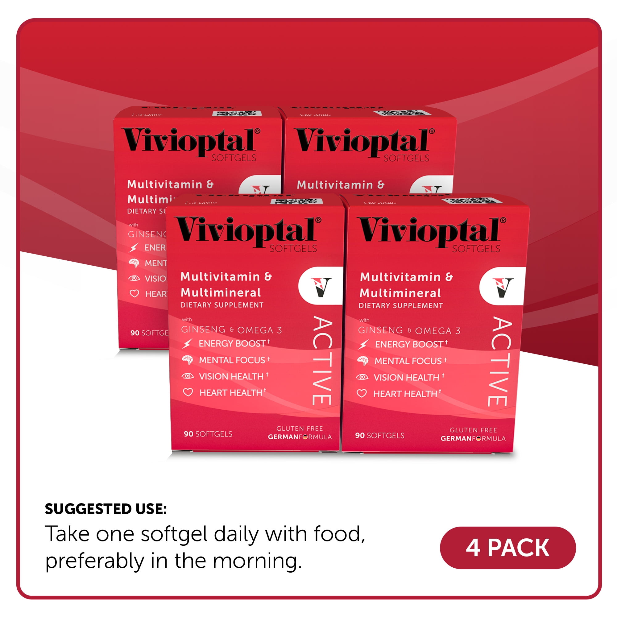 Vivioptal Active, 90 Softgels (1 Year Supply), Ginseng & Omega 3, Multivitamin & Multimineral, Gluten Free, German Formula
