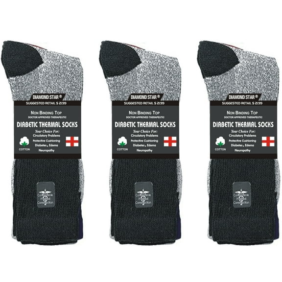 Diamond Star Premium Non-Binding Thermal Diabetic Socks for Men & Women– Loose Fit Cotton Crew for Warmth & Circulation (Black-3 Pairs, Socks Size 9-11, Fit Men's Shoe Size 5-10)