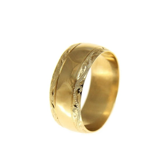 14K solid yellow gold high polish custom hand engraved Hawaiian scroll 8mm ring size 2 to 14