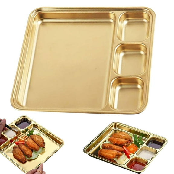 Dinnerware Set,Stainless Plate Rectangular 4 Plate Metal Portion Plate Plate Compartment Serving Plate Plate (gold)