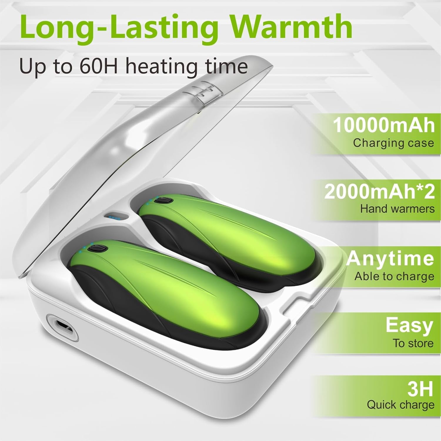 Hand Warmers Rechargeable 2 Pack, 14000mAh Electric Hand Warmers with Charging Case, Quick Charge Portable Heater,Gifts for Christmas, Winter, Outdoor, Camping, Hunting Accessories, Green
