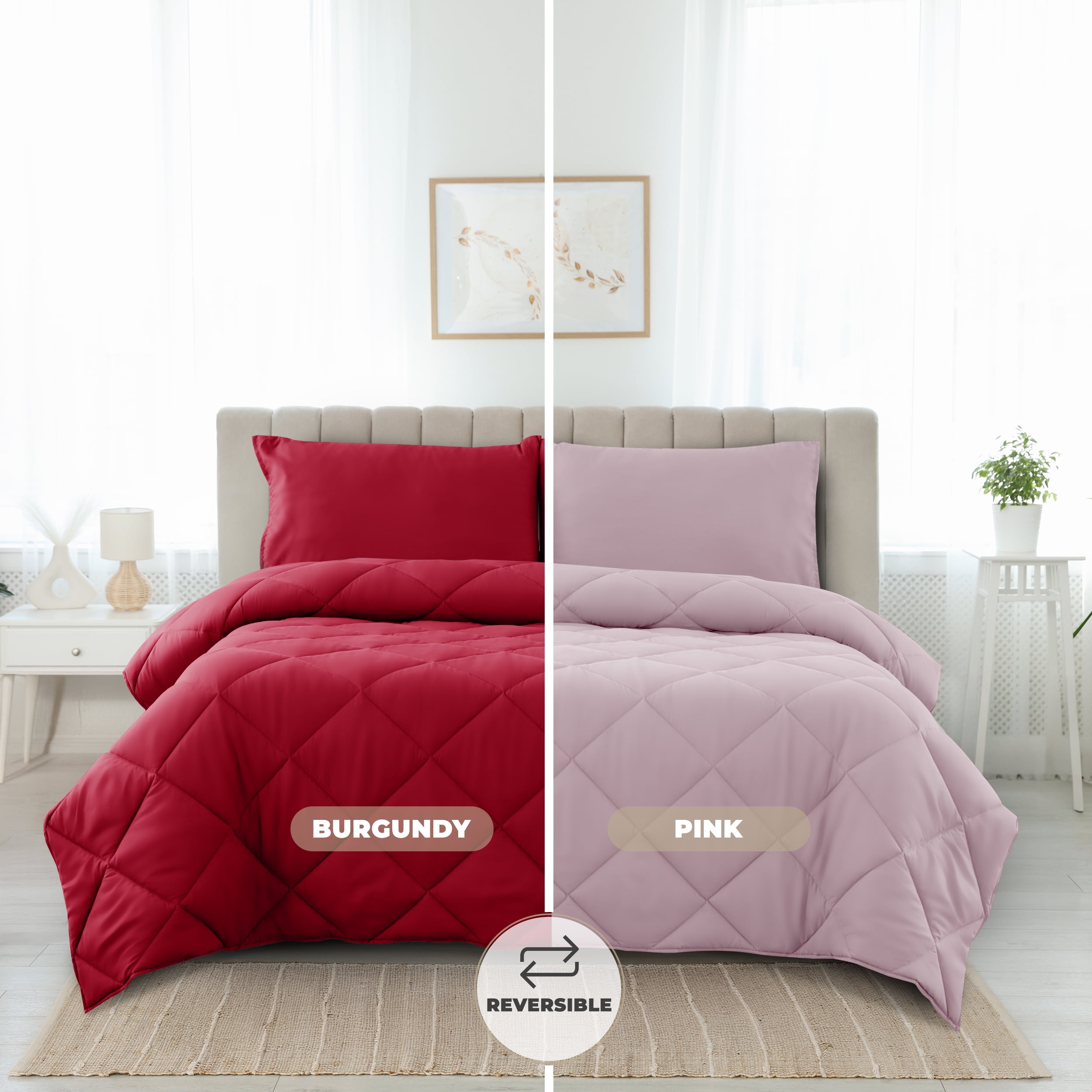 Lux Decor All-Season Comforter Sets Queen 3 PC, Reversible Bedding Set with Diamond Quilted Design Comforter and 2 Pillow Shams, Lightweight & Cozy Set de Cama Burgundy/Pink