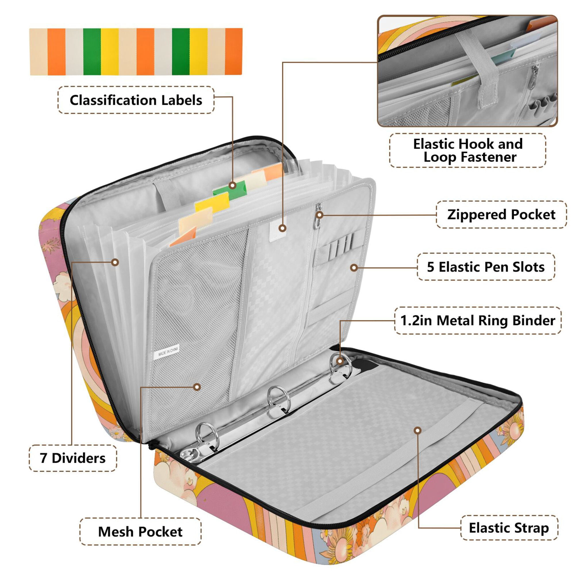 FORMRS Accordion File Folder A4 Size 7-Pocket Expanding Document Organizer Bag with 3 Ring Binder, Purple Retro Rainbow