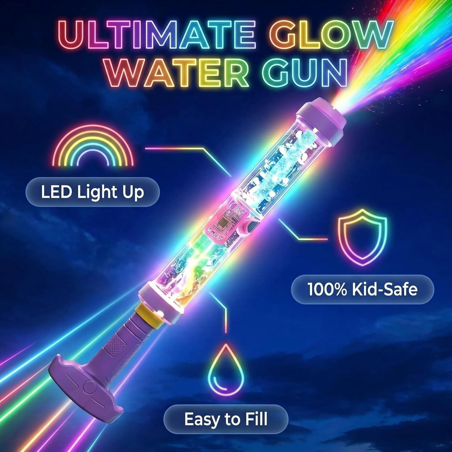 Glowing Rainbow LED Water Blaster, Summer Fun that Pops Like Magic, Creativity Squirt Water Blaster Guns, Fireworks Water Gun for Pool Party