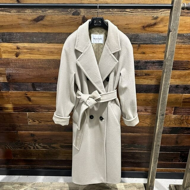 QueenLine Wool Long Loose Double breasted 100% Wool Camel Black, Belt Classic Commuter Coat