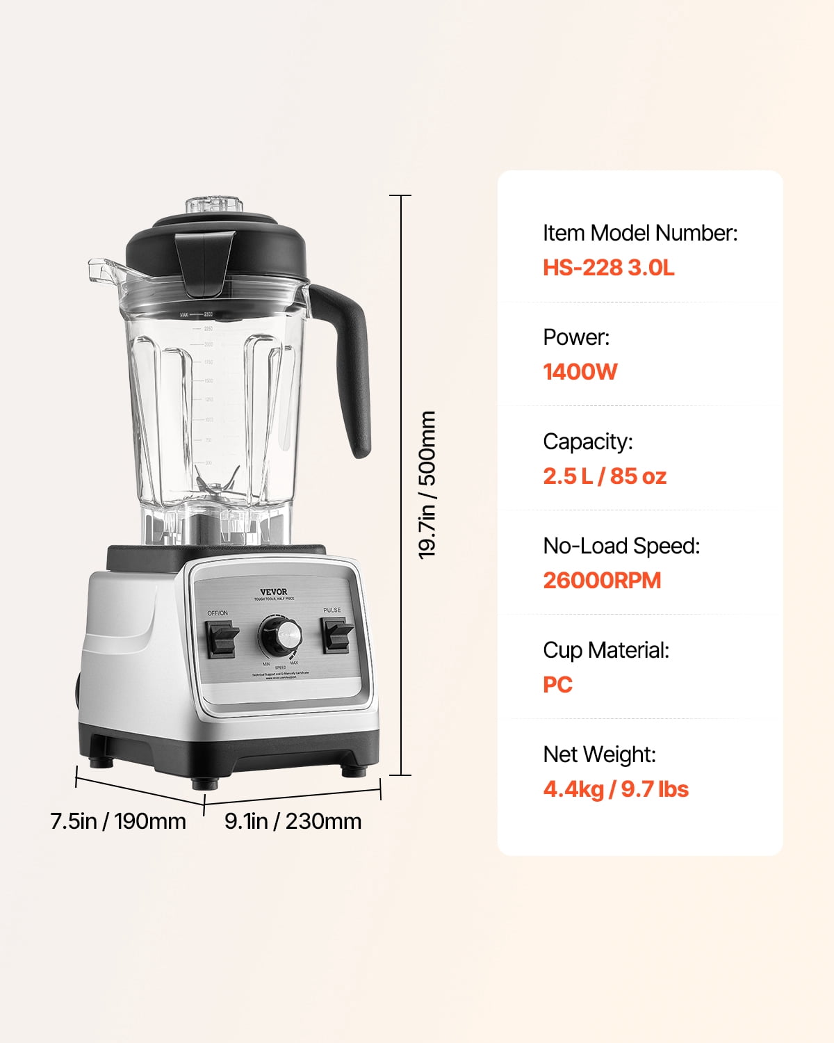 VEVOR Blender for Smoothies, 85 oz 1400W, Professional Blender with Powerful Motor, Multi-Functional Food Processing Blender for Smoothie/Milkshake/Juice, Fits for Kitchen
