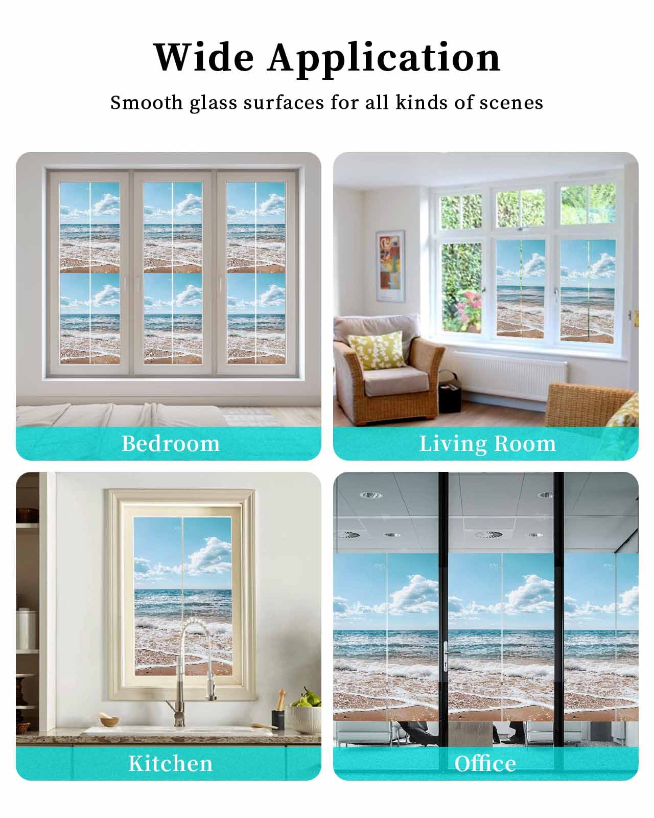 Window Privacy Film Ocean Stained Glass Window Film Decorative Sun Block Window Cover Summer Sandy Beach Blue Sky Coastal Waves Window Clings Static Adhesive Sticker for Bathroom 29.5"x118"