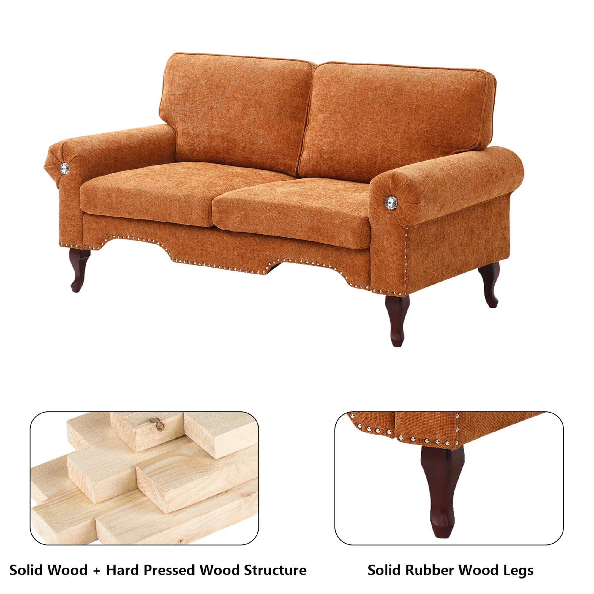 Aukfa 66" Small Sofa Deep Seat Couch with Crystal Button&Copper Nail, Roll Arm, Linen, Orange