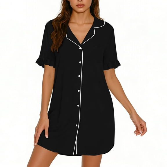 gakvbuo Summer Button Down Shirt Dress for Women Homecoming Pajama Nightgown Dresses Solid Color Short Sleeve V-Neck Turndow Collared Sleeping Mini Dress Long Night Skirt,S-2XL