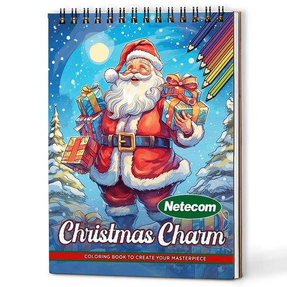 Netecom Christmas Charm Coloring Book Spiral Bound for Adults, A5 Wooden Cover, 30 Delightful Coloring Pages of Festive Holiday Scenes for Stress Relief and Relaxation