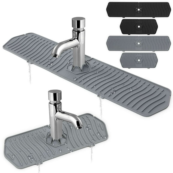Spencer Silicone Sink Faucet Mat for Kitchen Bathroom, 14 Inch Sink Splash Guard, Faucet Handle Drip Tray, Dish Drying Mats Sponge Holder, Countertop Splash Protector, Gray