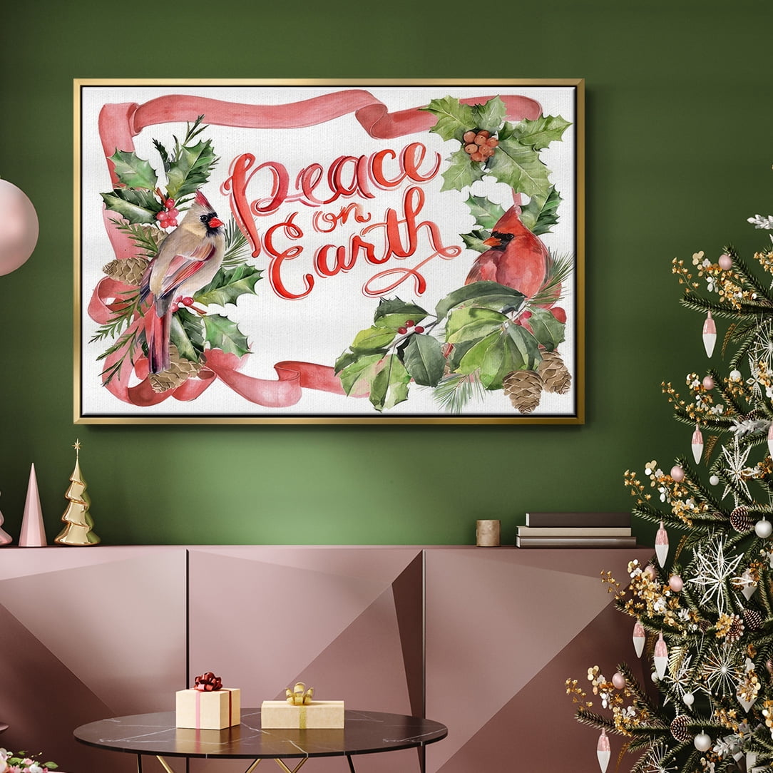 Cardinal Holly Christmas Collection A - Framed Gallery Wrapped Holiday Canvas - 17 x 25 - Gold Frame