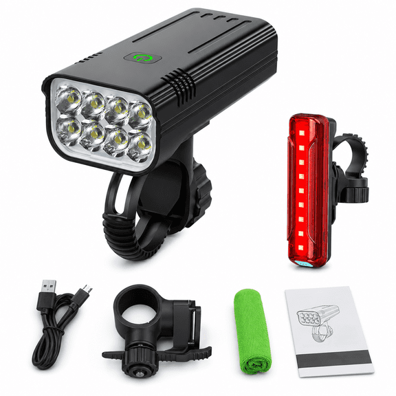 Byseng 9000LM Rechargeable Bike Lights Set, 8 LED Bicycle Headlight & Taillight, 5 Modes, IPX5 Water-Resistant, 360° Mount for Night Riding