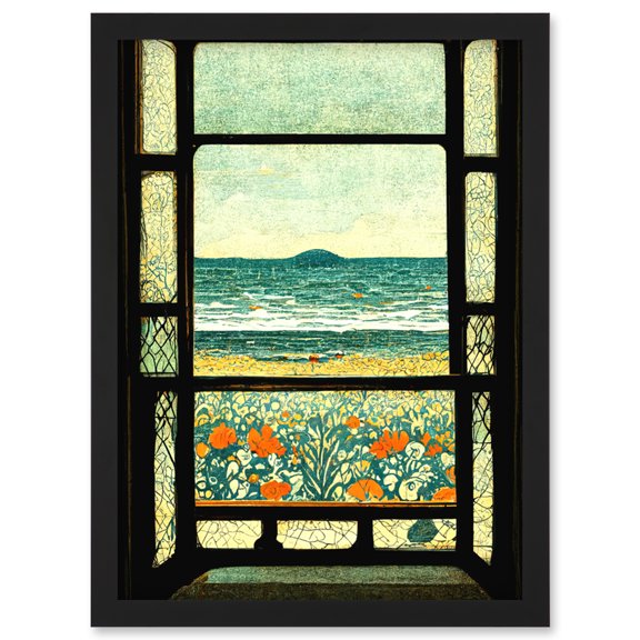 A Sea View Seaside Beach Flowers William Morris Artwork Framed Wall Art Print A4