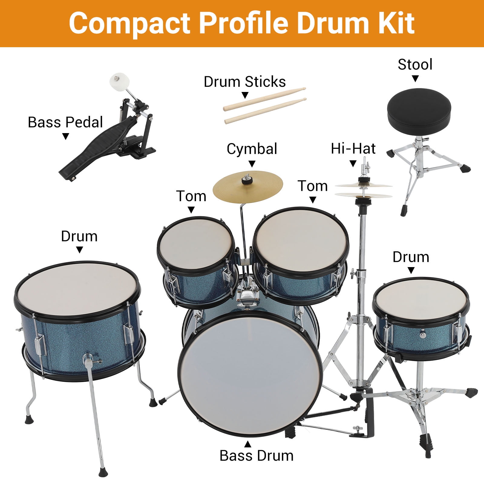 M optimized 5 Piece Drum Set for Musical Instruments, AD-300 with Bass Drum, Tom-Tom, Snare, Cymbals, Hi-Tone Drum, Sticks, Base Pedal and Stool, Beginner Set