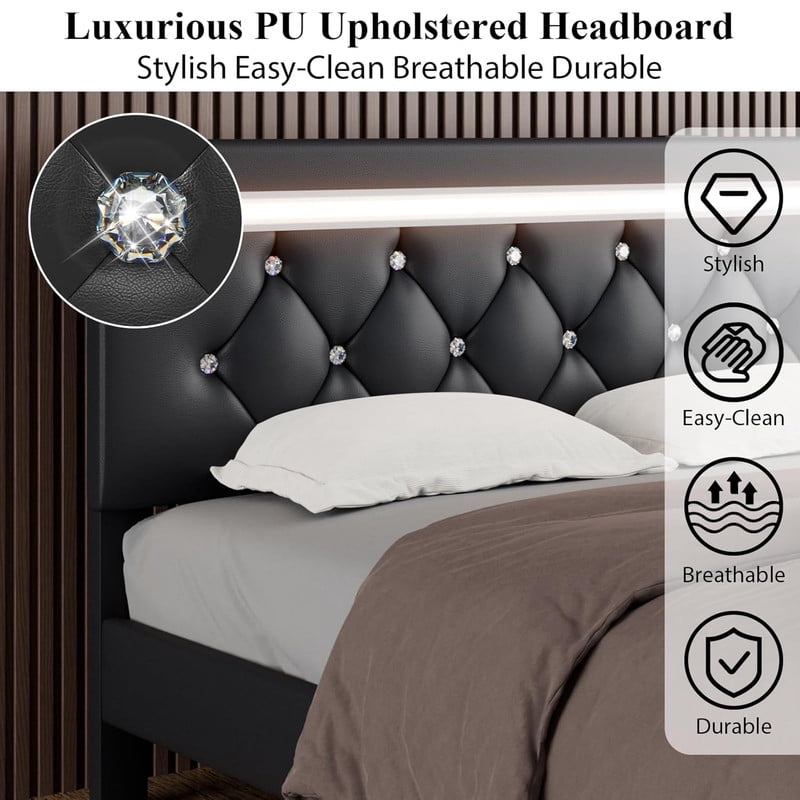LED Queen Bed Frame with Charging Station, Faux Leather Upholstered Platform Bed with Adjustable Diamond Crystal Headboard, Solid Wood Slats Support, No Box Spring Needed, Noise Free, Black