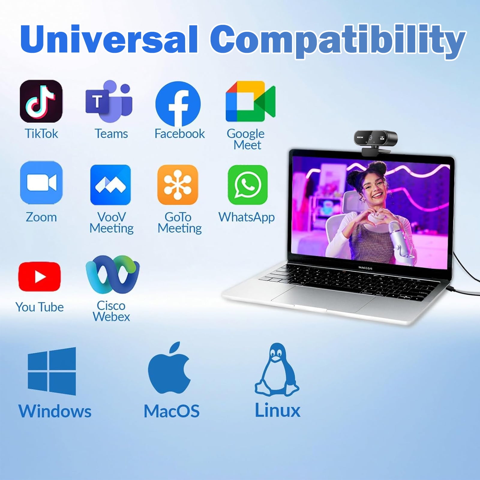 RONY 2K Webcam with 2 Microphones for Laptop, Autofocus Webcam with Noise-cancelling, Conference Streaming PC USB Webcam, Black