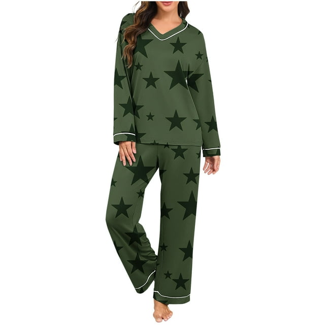 Ensemble de Pyjama pour Femmes, Imprimé Décontracté à la Mode, Couleur Unie, Col en V, Manches Longues, Ensemble de Pyjama pour Femmes