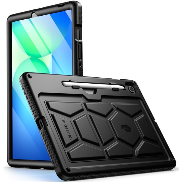 funda poetic turtleskin para samsung galaxy tab s10 lite de 10,9" funda de silicona negra compatible con Tab S10 Lite/Tab S10 FE/Tab S9 FE 10.9"; vista 3/4 frontal y posterior con soporte integrado para S-Pen, diseño trasero tipo concha de tortuga, esquinas reforzadas con perforaciones que absorben impactos, agarre lateral texturizado y rejillas de ventilación internas para disipar calor; también suele usarse para proteger tablets durante viajes.