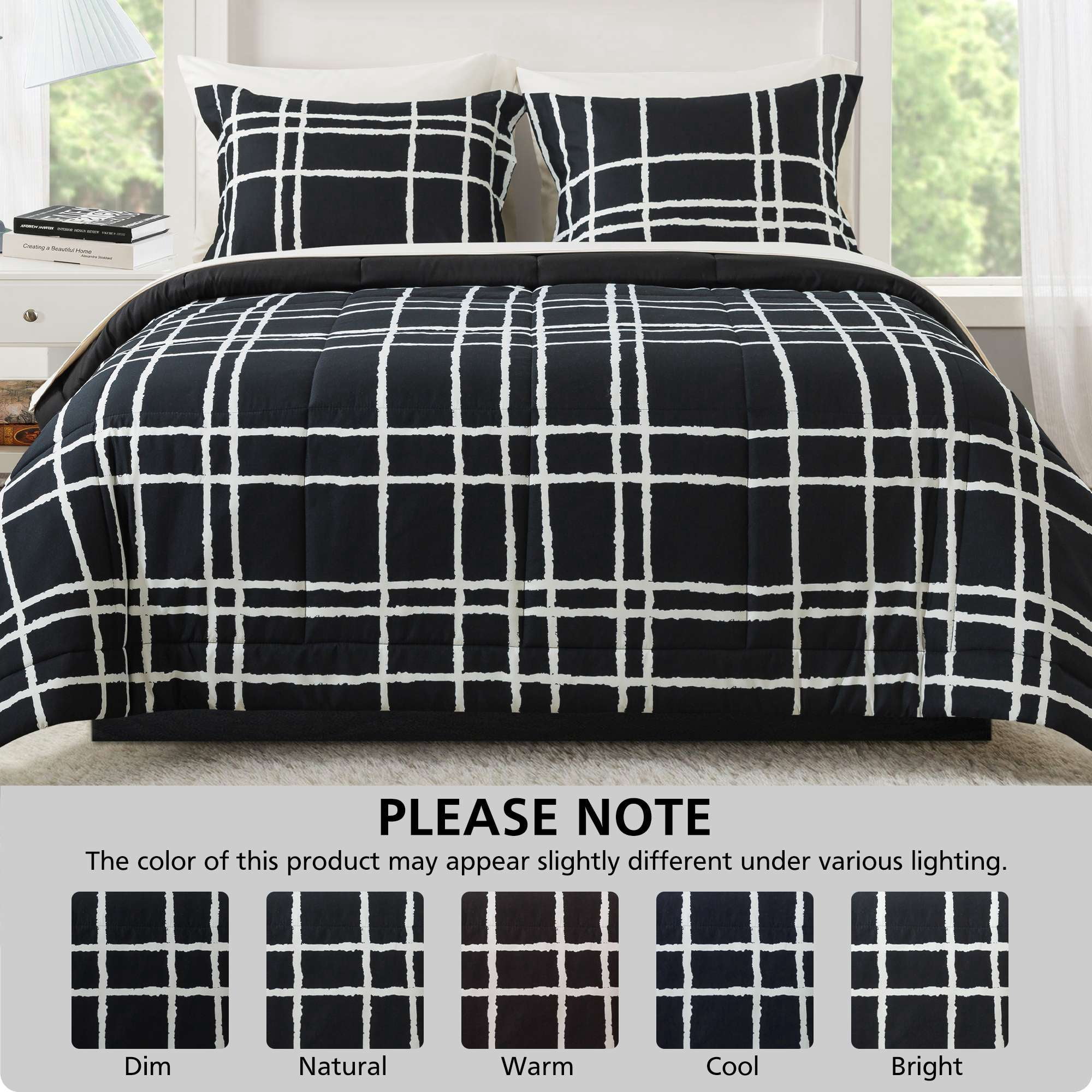 Mainstays All in One Reversible Comforter and Sheet Set, 7-Piece, King, Black and White Checker