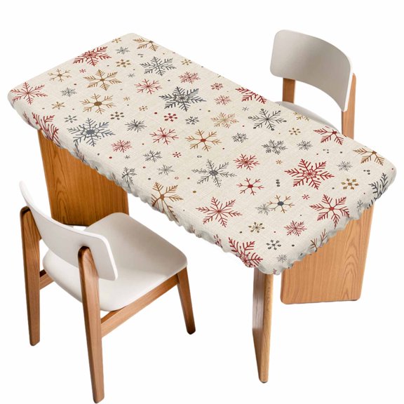 Christmas Snowflakes Table Cloths for 6 Foot Rectangle Tables, Xmas Snowy Winter Beige Patio Waterproof Elastic Fitted Tablecloths, Washable Rectangular Table Cover for Camping