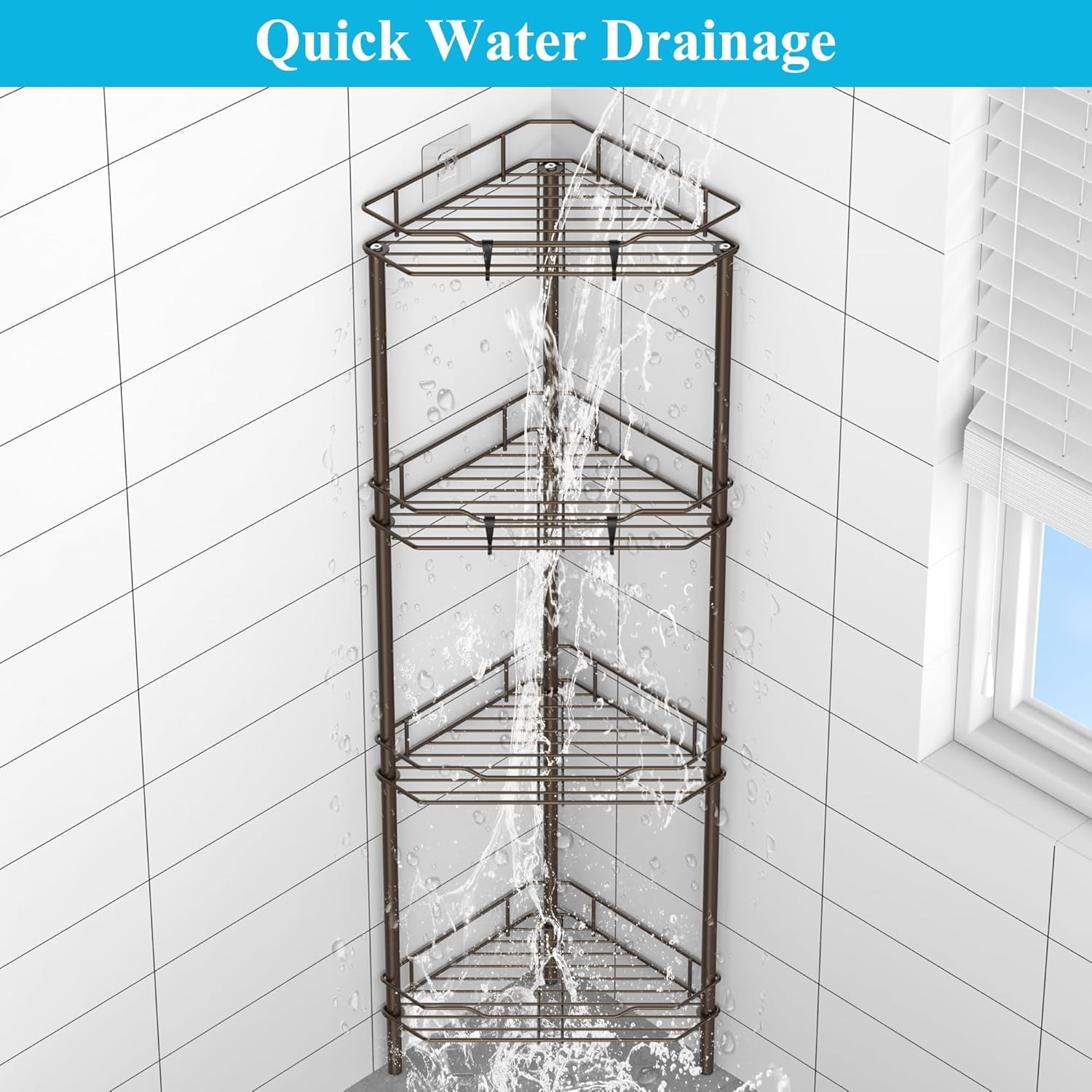 Floor Standing Corner Shower Caddy Organizer Shelf with Hooks, Bathroom Shelves Stand Rack