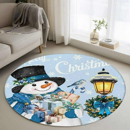 Round Rug 3.3Ft Washable Non-Slip Light Blue Snowman Christmas Circle Area Rugs for Living Room Bedroom Xmas Gifts Wreath Snowflake Indoor Floor Mats Carpet Runner for Home Decor Aesthetic