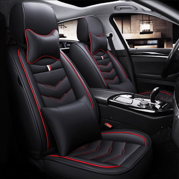 Tuqiang Car Seat Covers Leather Full Set Airbag-Friendly Seat Protection - 5-Seat Waterproof Covers with Pollow and Headrest Black and Red