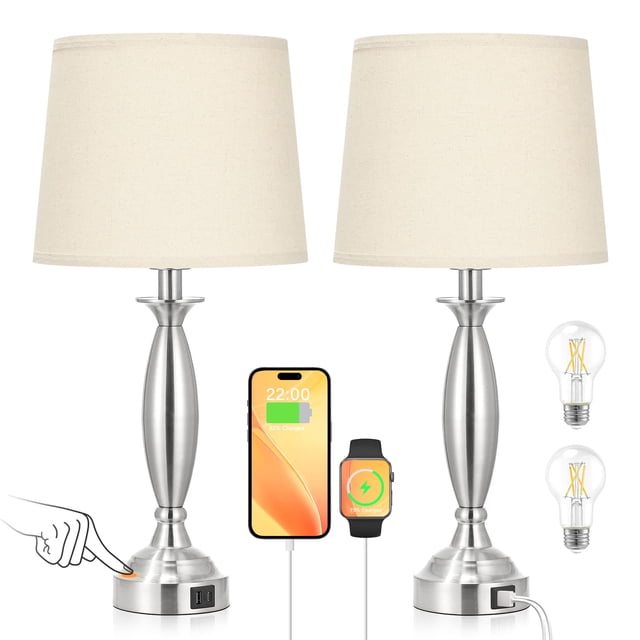 Set de 2 Lámparas Seealle con Pantalla Beige, Control Táctil, USB