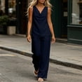 thumbnail image 4 of Costeam Womens Cowl Neck Sleeveless Linen Two Piece Outfit Relax Tank Top Wide Leg Full Length Pants Side Pocket Casual Co Ord Set, 4 of 7