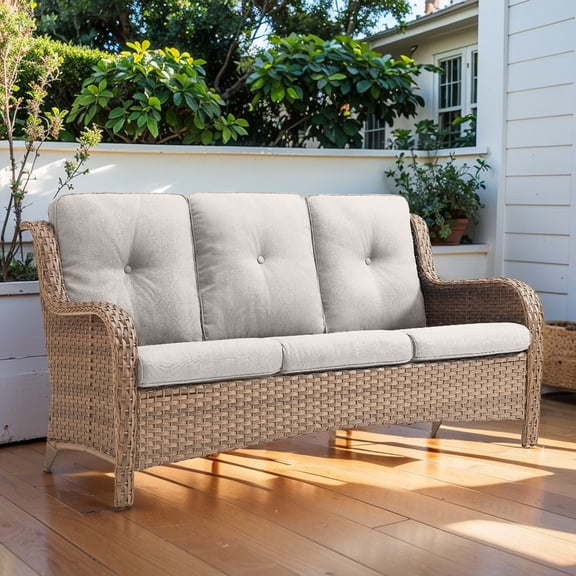 Gymojoy 3-Seat Wicker Outdoor Patio Sofa Sectional Couch with High Back and Deep Seat(Yellow Wicker & Beige Cushion）