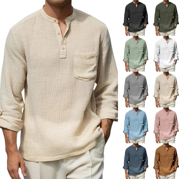 mens shirts,men's clothing Men's Linen Cotton Long Sleeve Shirt Roll Up Sleeve Casual V Neck Band Collar Beach Hippie Shirt for Vacation, Summer, and Boho Style,Army Green,2XL