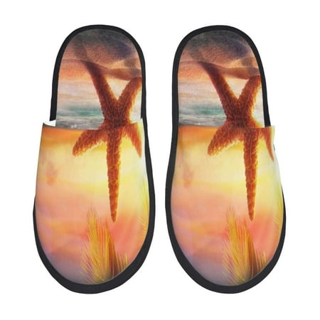 Balery Starfish Sunset Sea Beach Slient Indoor Furry Fleece Comfort House Shoes Soft Non-Slip Home Shoes Cotton slippers House Slippers-- Medium